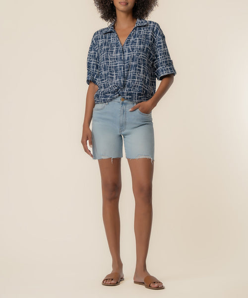 Rebel Linen Knot Front Shirt in Leeds Navy/Ivory
