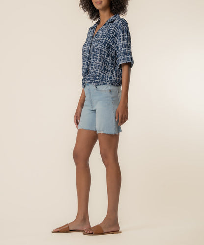 Rebel Linen Knot Front Shirt in Leeds Navy/Ivory