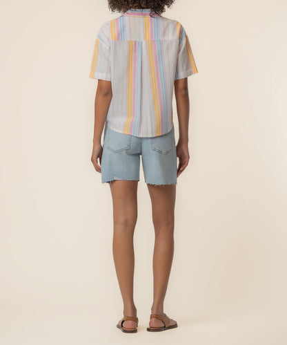 Brianna Linen Boxy Shirt in White/Pink