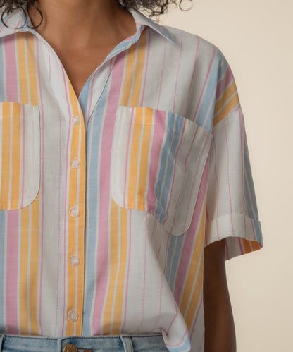 Brianna Linen Boxy Shirt in White/Pink