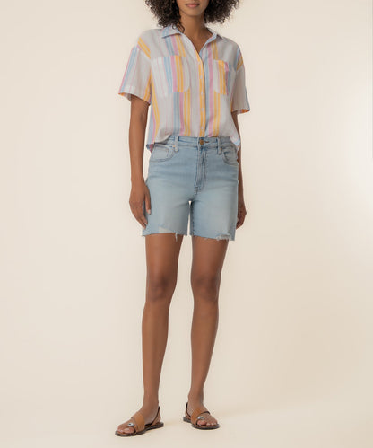 Brianna Linen Boxy Shirt in White/Pink