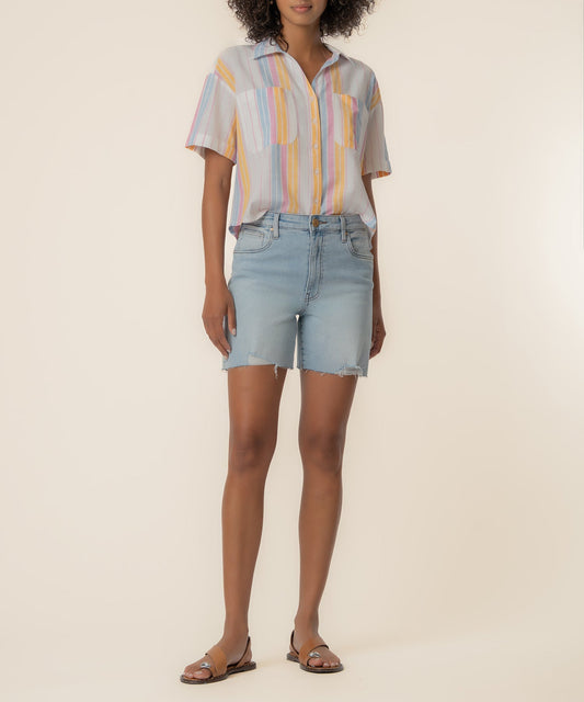 Brianna Linen Boxy Shirt in White/Pink
