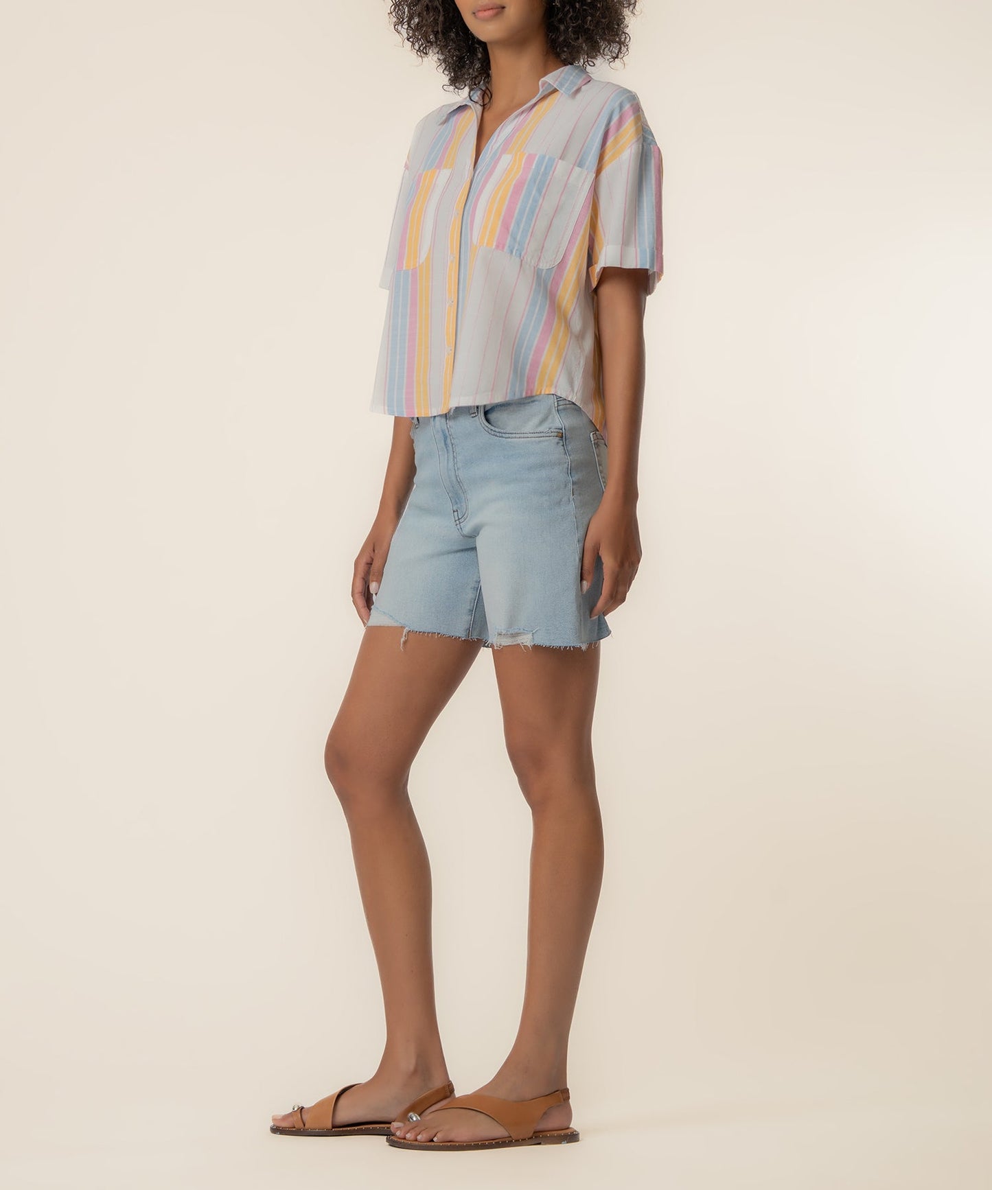 Brianna Linen Boxy Shirt in White/Pink