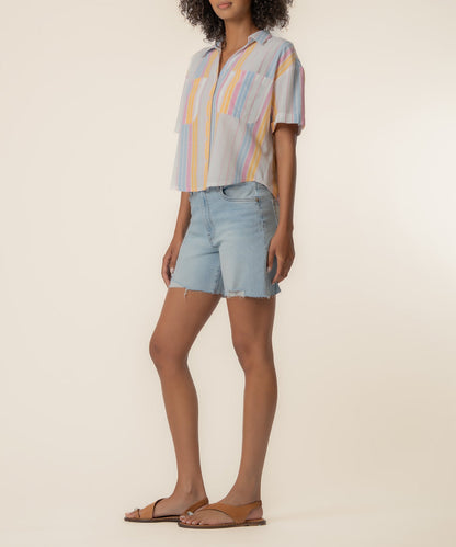 Brianna Linen Boxy Shirt in White/Pink