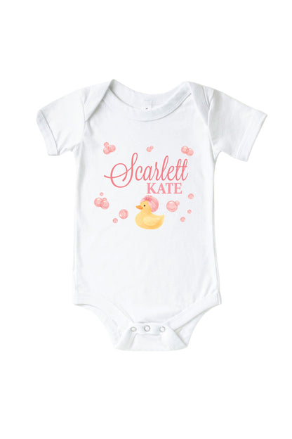 Personalized Bubble Duckie Pink Graphic Bodysuit & Kids Tee | White