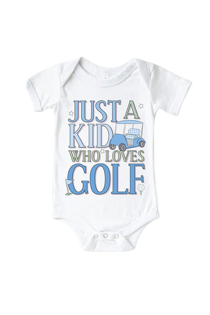 A Kid With Golf Love Blue Graphic Bodysuit & Kids Tee | White