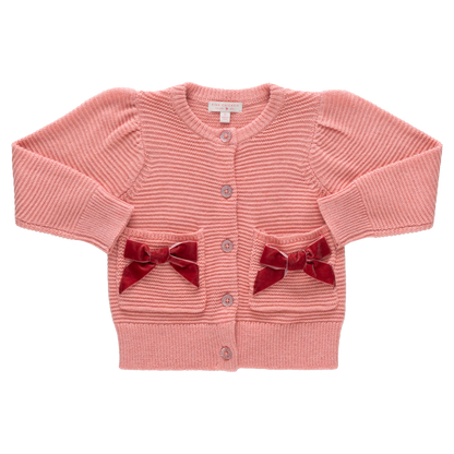 Girls Bow Pocket Sweater - Red Velvet Bows