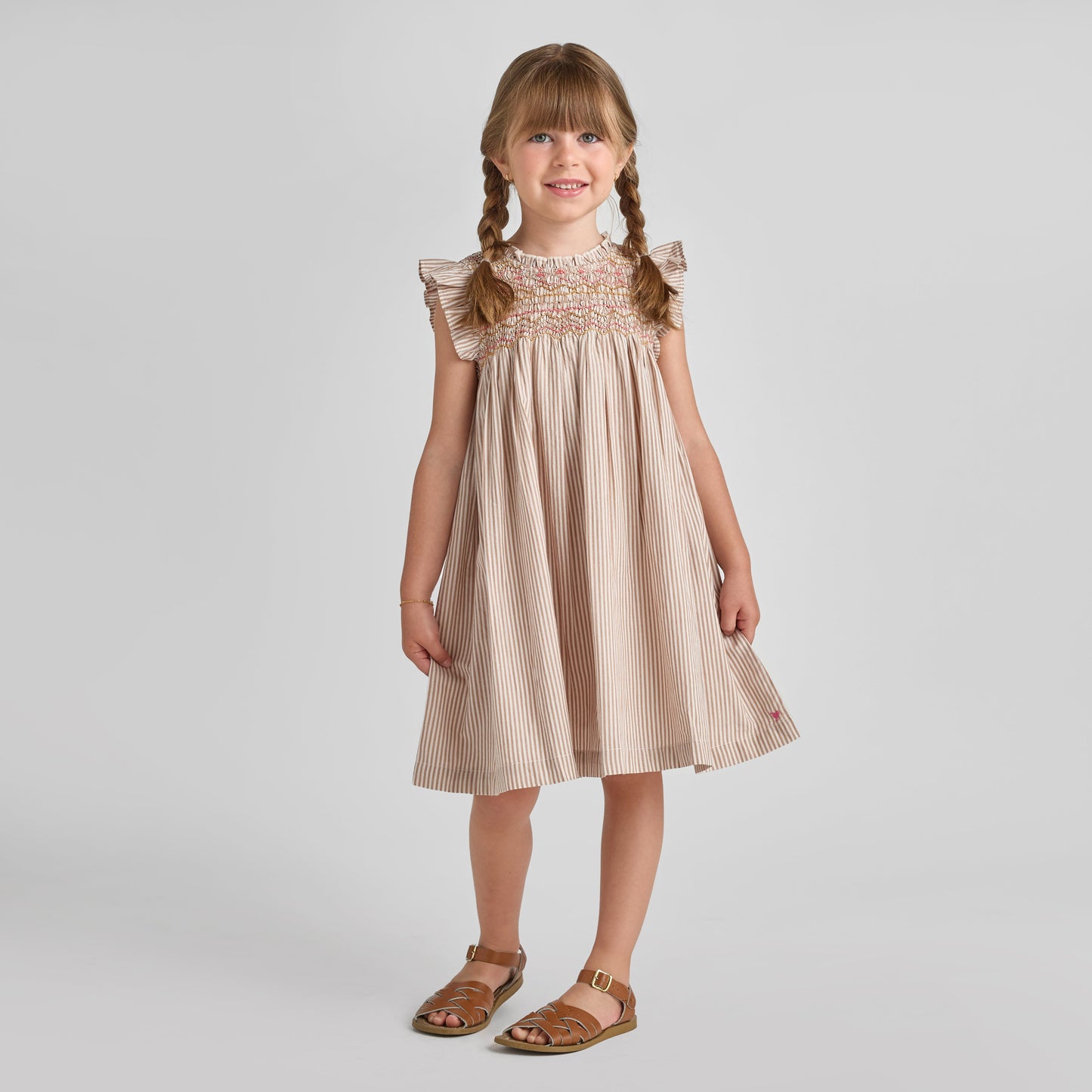 Girls Stevie Dress - Tawny Brown Stripe