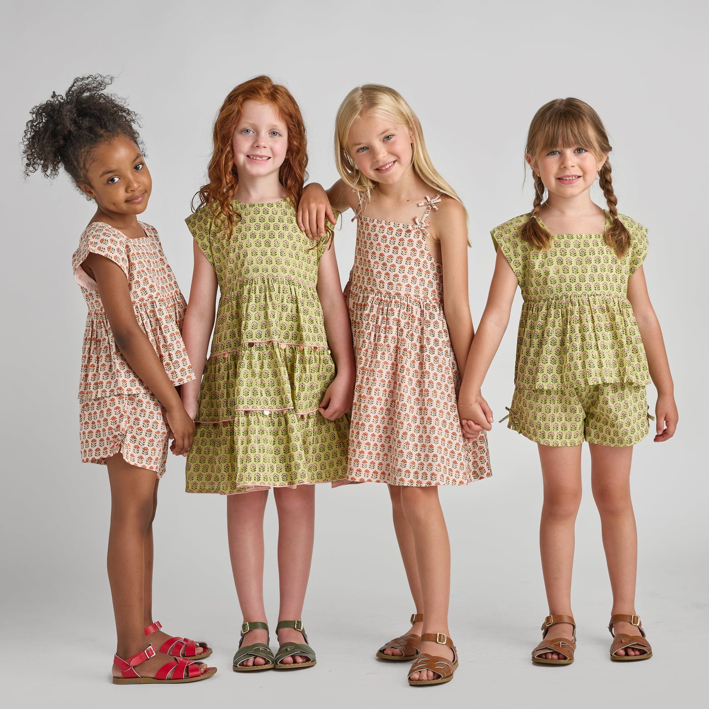 Girls Peachy Dress - Green Prairie Block Print