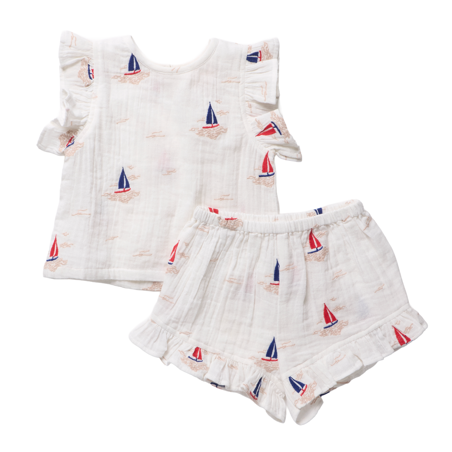 Girls Roey 2-PC Set - Sailboat Embroidery