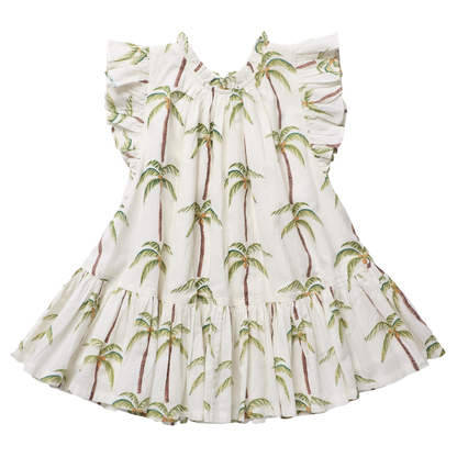 Girls Harper Dress - Cream Palm Trees