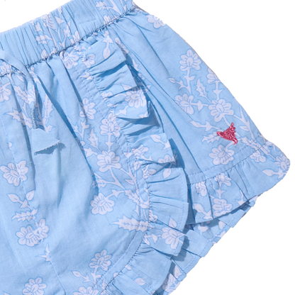 Girls Millie Ruffle Short - Blue Dewdrop Block Print
