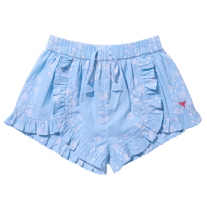 Girls Millie Ruffle Short - Blue Dewdrop Block Print