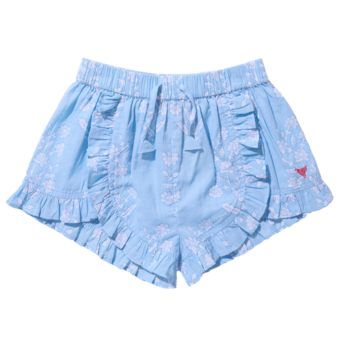 Girls Millie Ruffle Short - Blue Dewdrop Block Print
