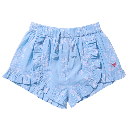 Girls Millie Ruffle Short - Blue Dewdrop Block Print