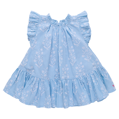 Girls Harper Dress - Blue Dewdrop Block Print