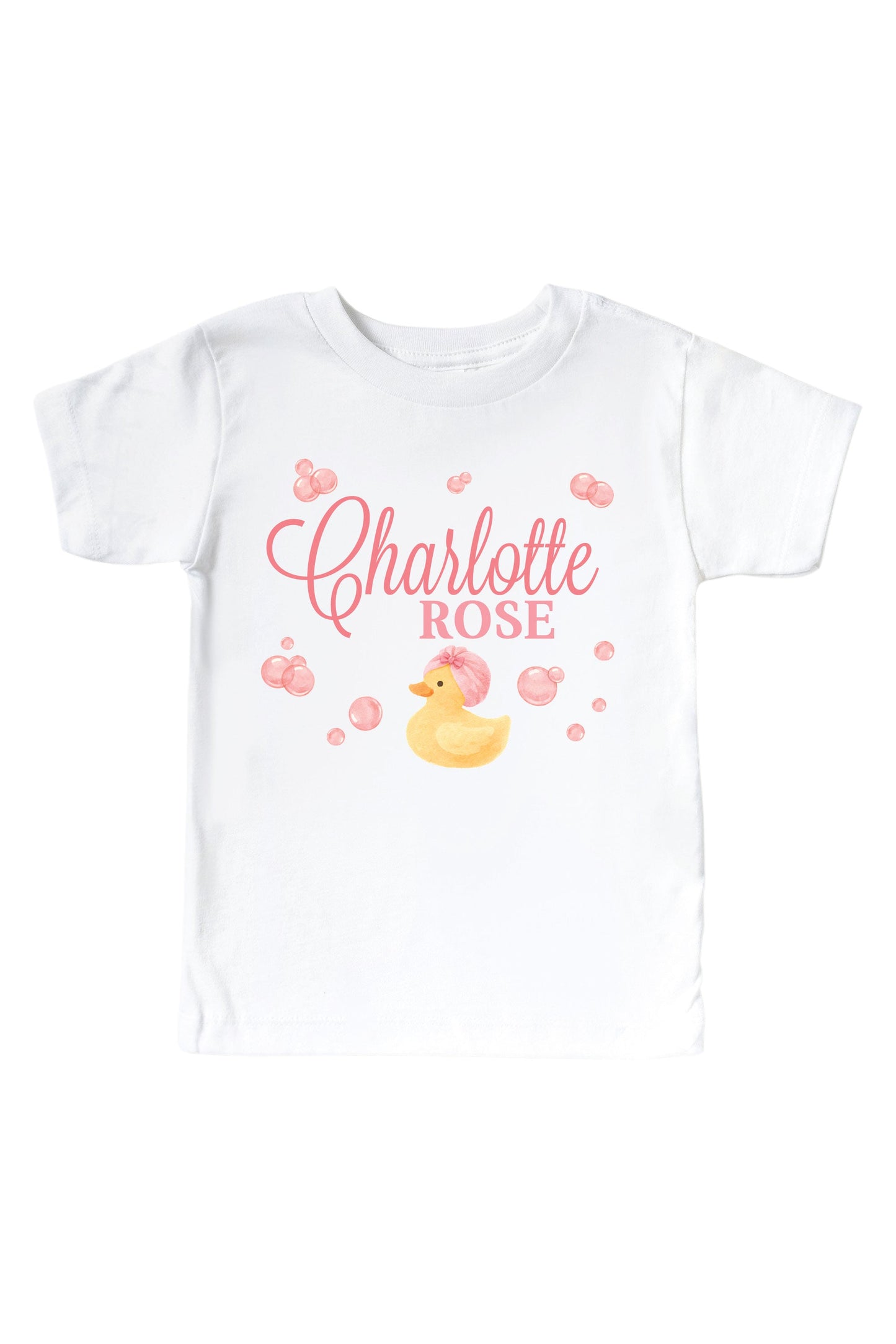 Personalized Bubble Duckie Pink Graphic Bodysuit & Kids Tee | White