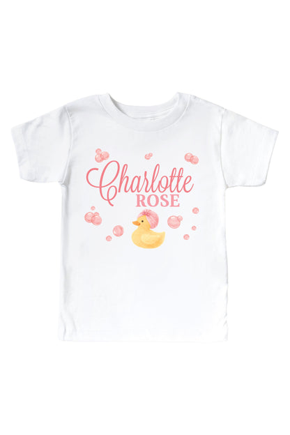 Personalized Bubble Duckie Pink Graphic Bodysuit & Kids Tee | White