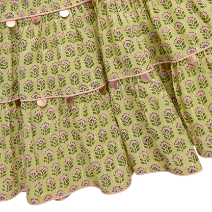 Girls Peachy Dress - Green Prairie Block Print