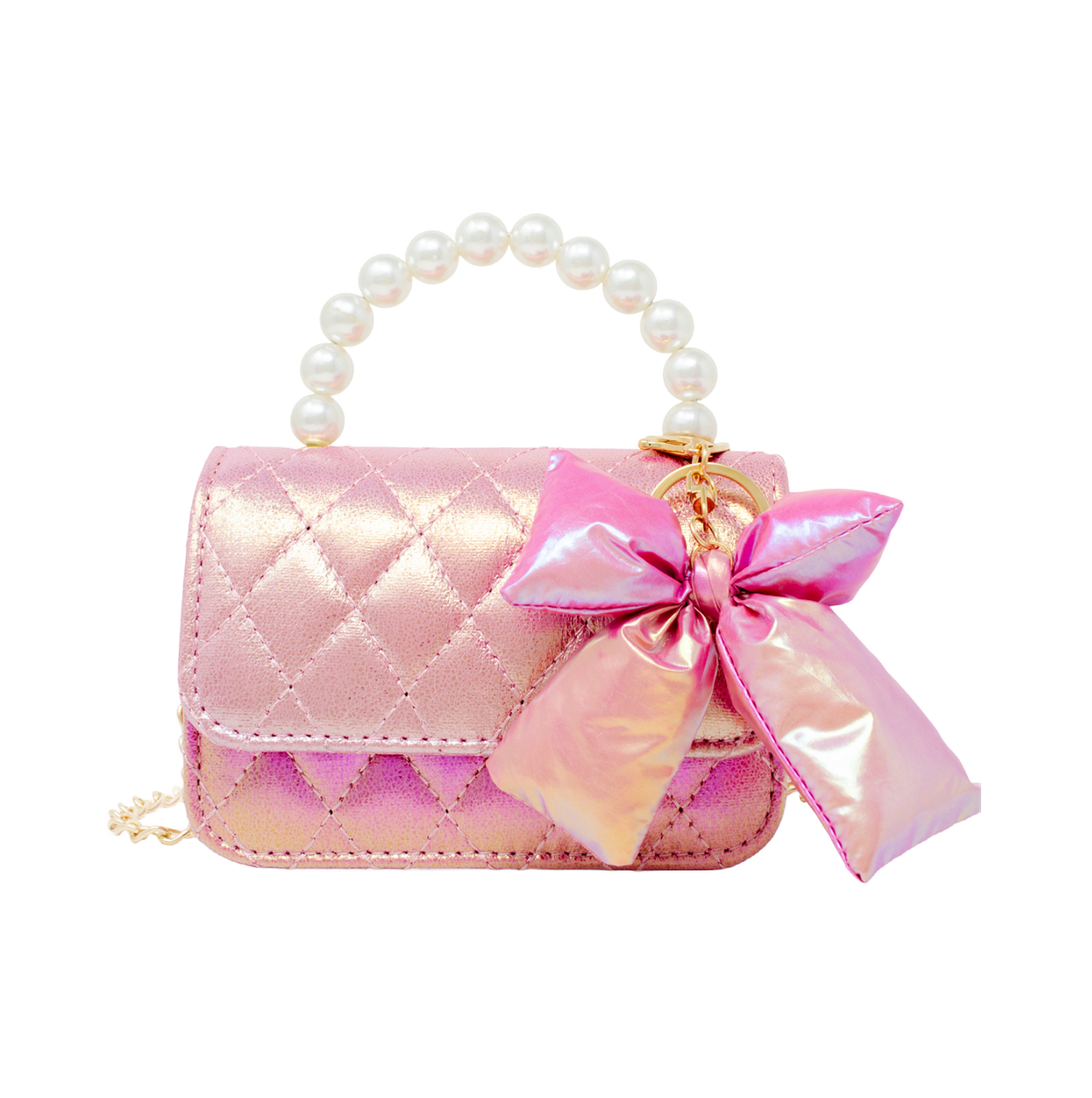 Shiny Quilted Fluffy Bow Handbag - Hot Pink