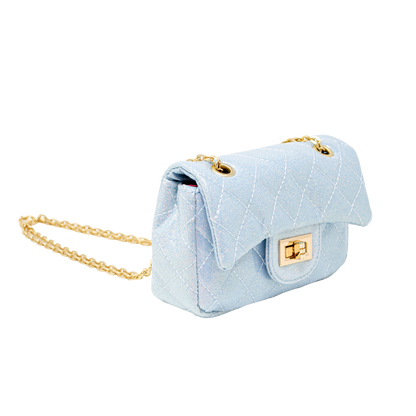 Quilted Metallic Gold Clasp Bag - Sky Blue
