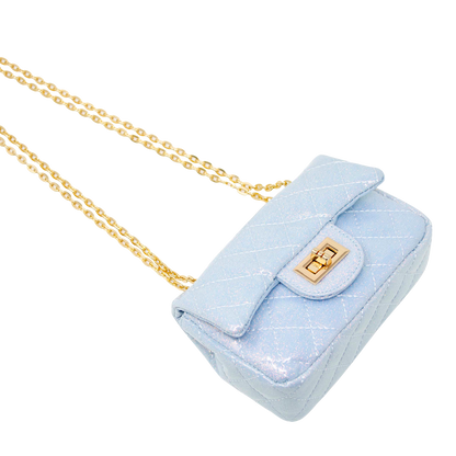 Quilted Metallic Gold Clasp Bag - Sky Blue