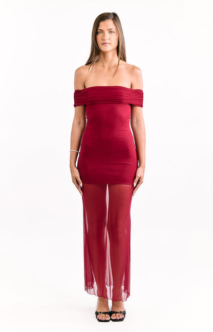 Tabitha Wine Off Shoulder Mesh Maxi Dress