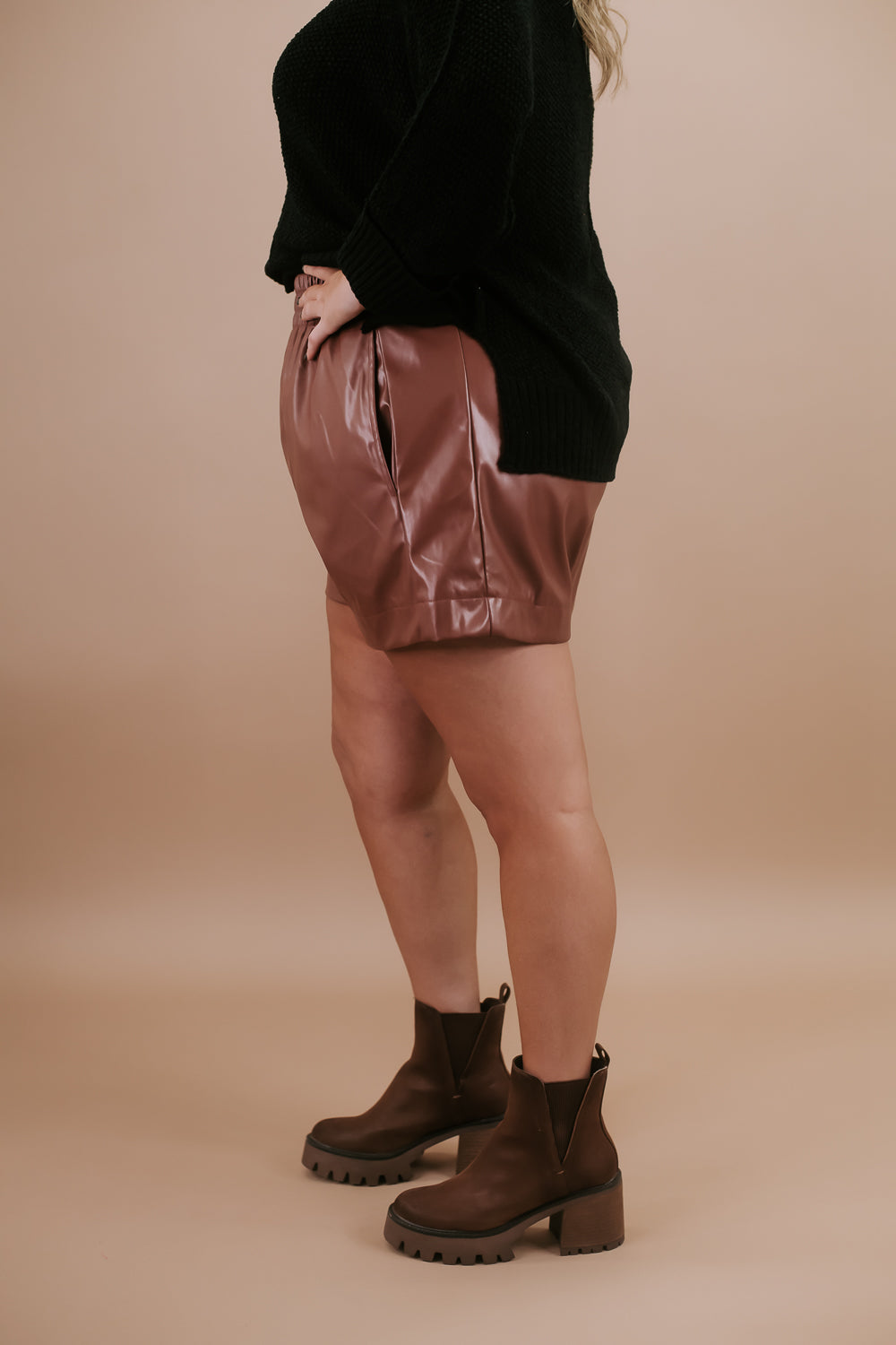 Faux Leather High Waisted Shorts, Camel