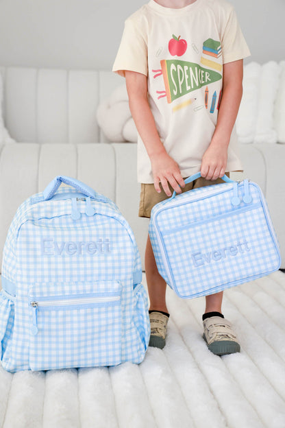 Kids Embroidered Backpack | Blue Gingham