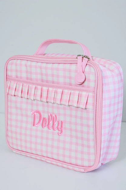Kids Embroidered Ruffle Lunchbox | Pink Gingham