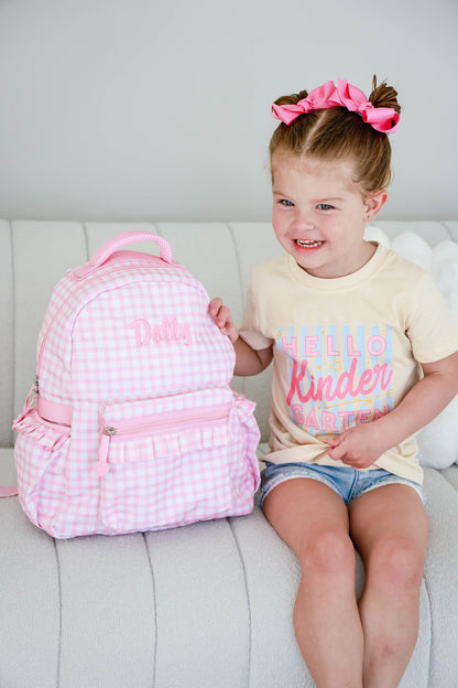 Kids Embroidered Ruffle Backpack | Pink Gingham