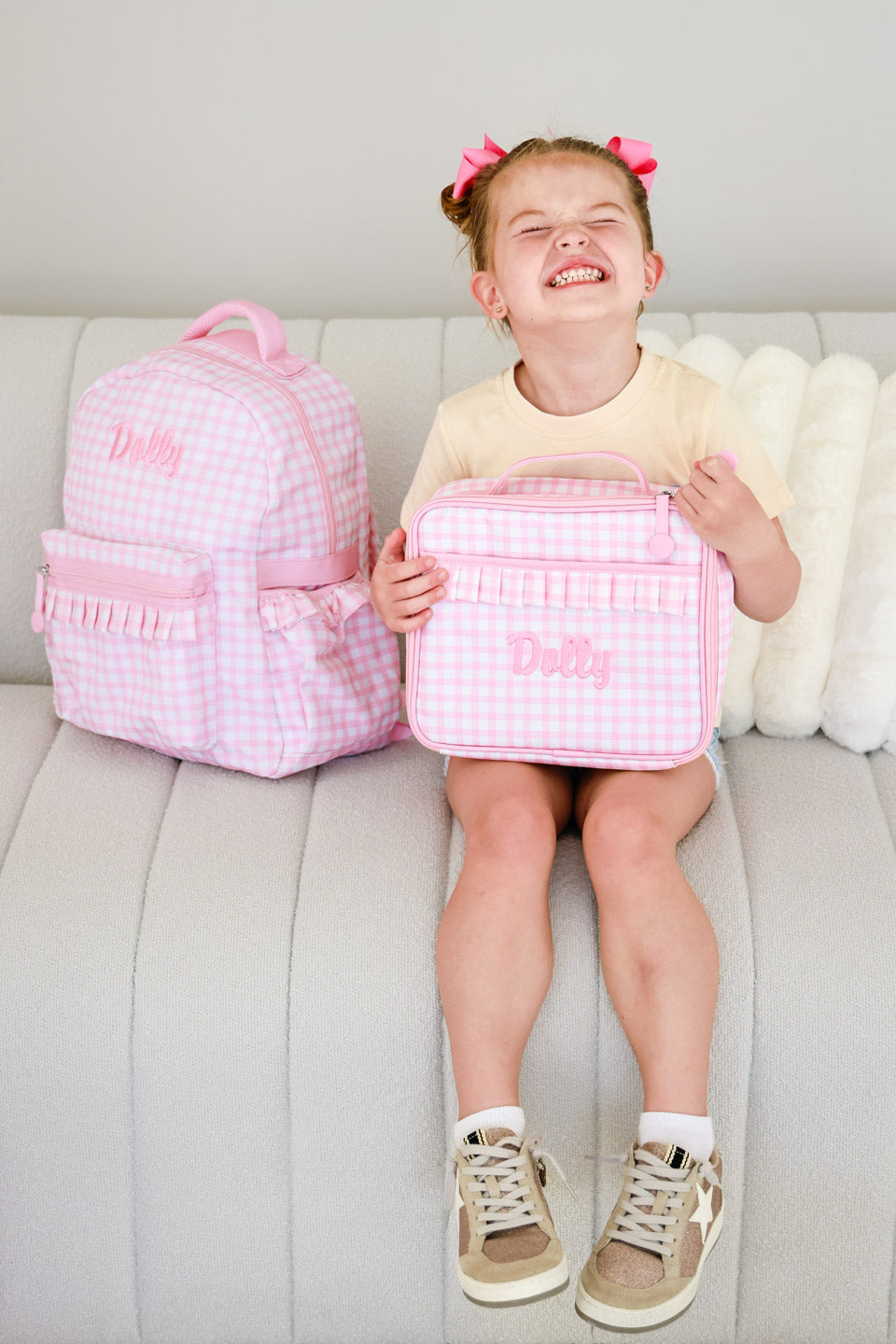 Kids Embroidered Ruffle Lunchbox | Pink Gingham