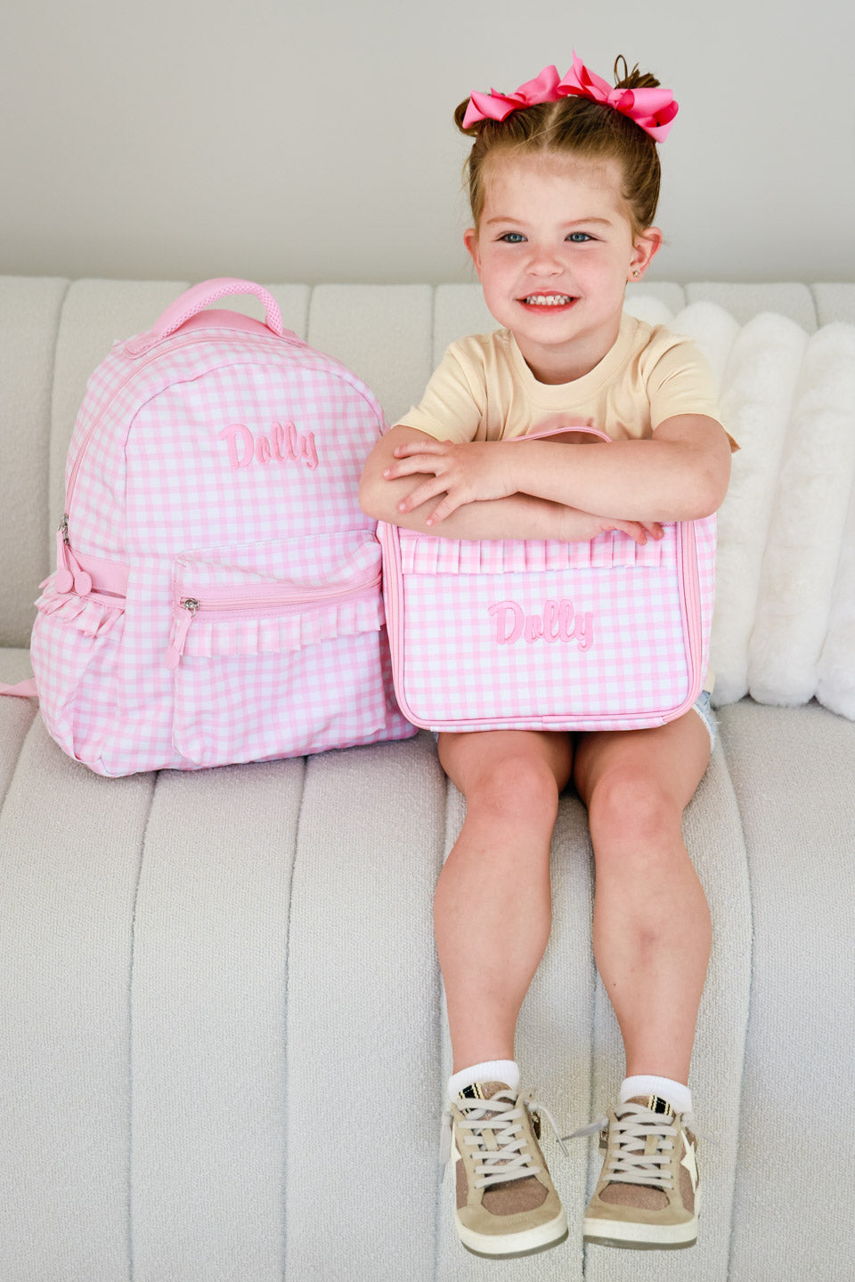 Kids Embroidered Ruffle Backpack | Pink Gingham