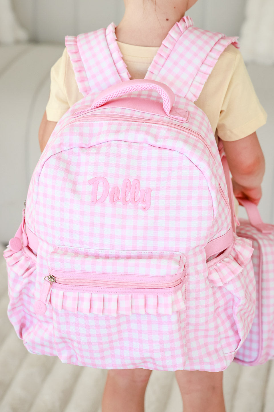 Kids Embroidered Ruffle Backpack | Pink Gingham