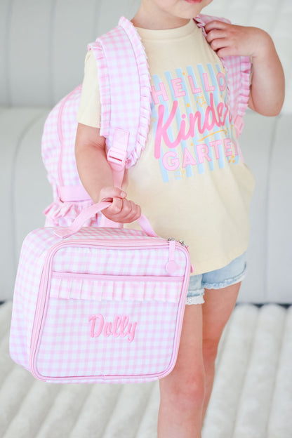 Kids Embroidered Ruffle Lunchbox | Pink Gingham
