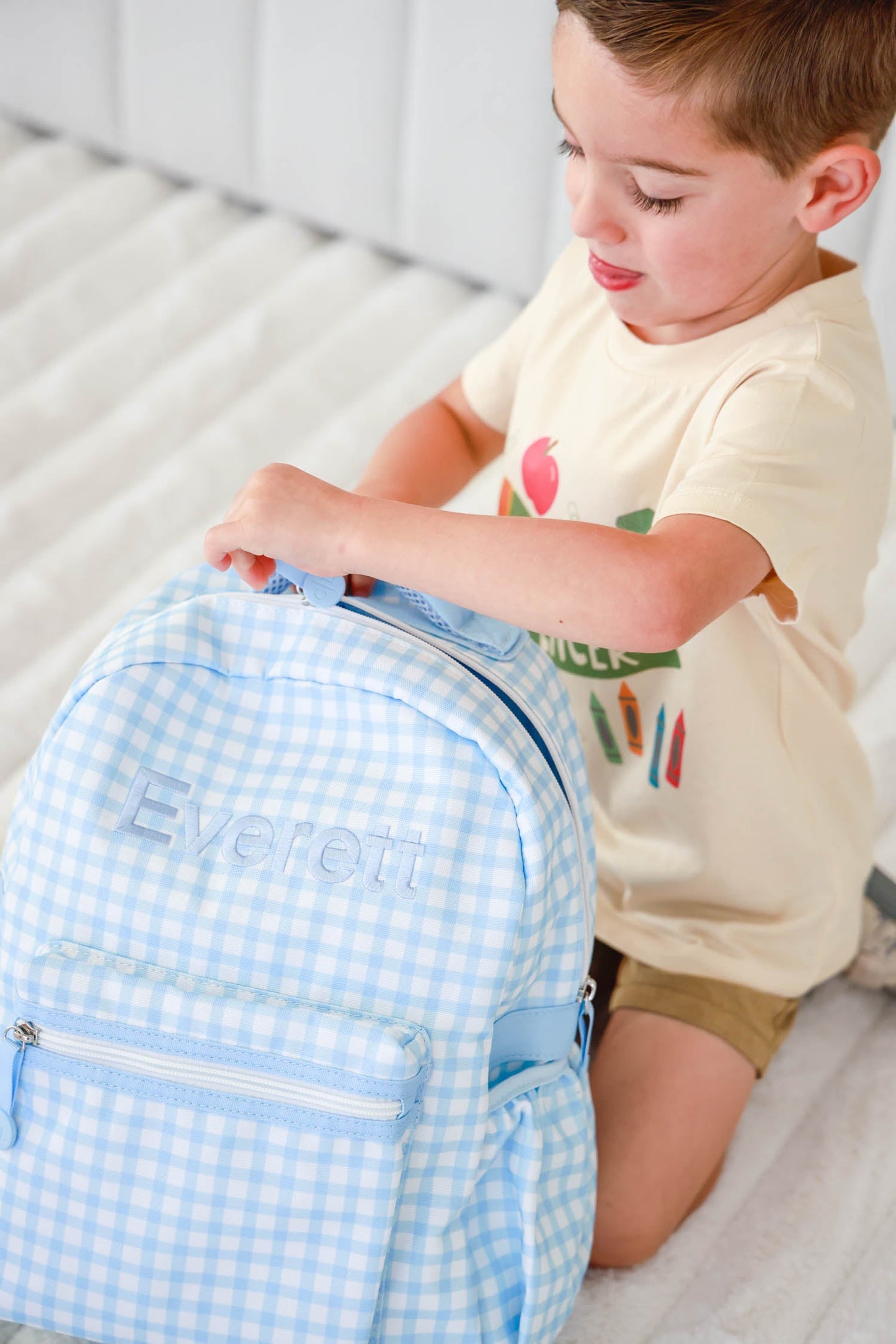 Kids Embroidered Backpack | Blue Gingham