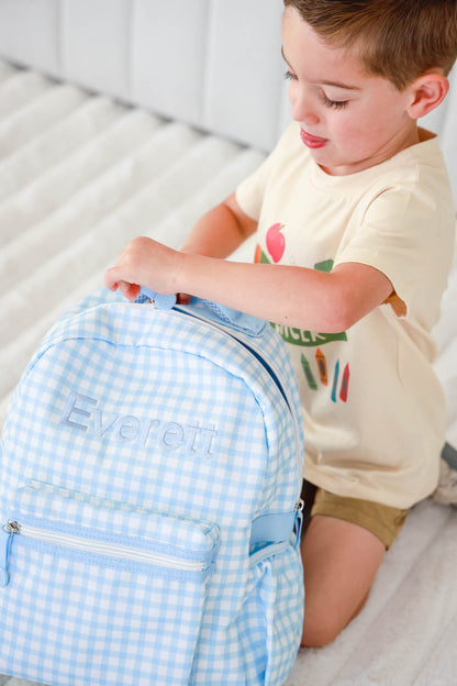Kids Embroidered Backpack | Blue Gingham