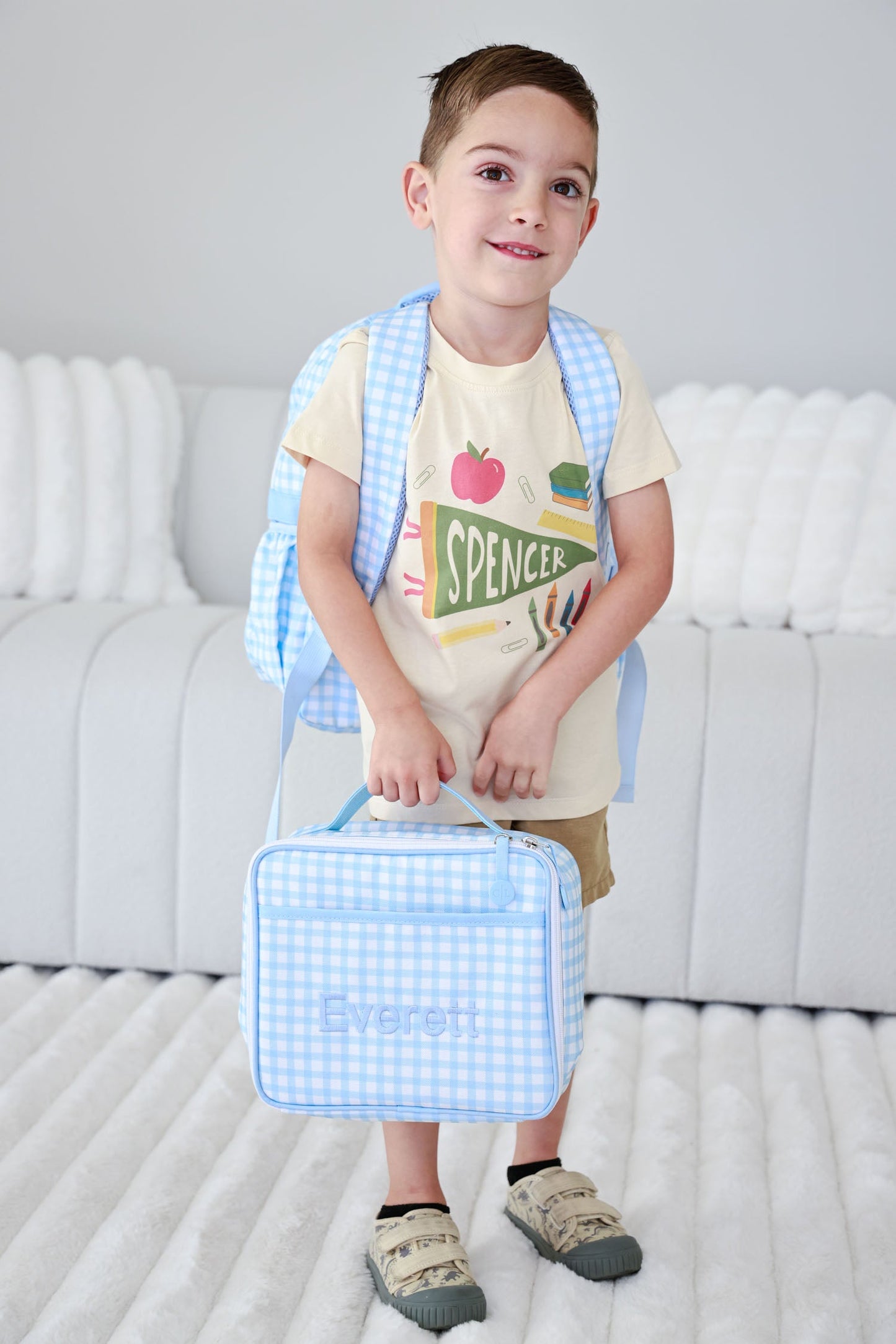 Kids Embroidered Lunchbox | Blue Gingham