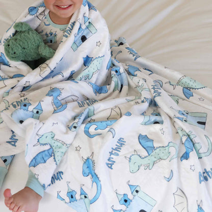 Dragon Adventure Personalized Kids Blanket | Blue