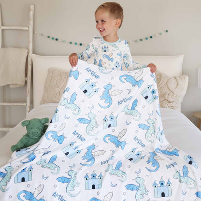 Dragon Adventure Personalized Kids Blanket | Blue