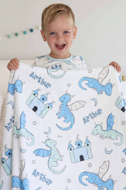 Dragon Adventure Personalized Kids Blanket | Blue
