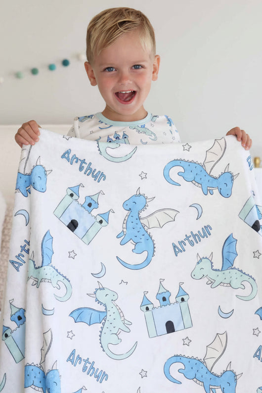 Dragon Adventure Personalized Kids Blanket | Blue