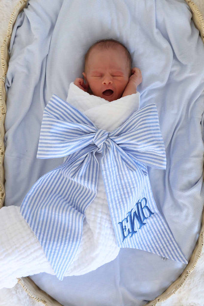 Personalized Newborn Bow Sash | Seersucker