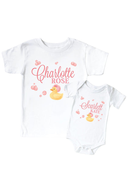 Personalized Bubble Duckie Pink Graphic Bodysuit & Kids Tee | White