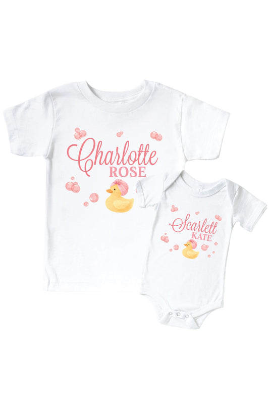 Personalized Bubble Duckie Pink Graphic Bodysuit & Kids Tee | White