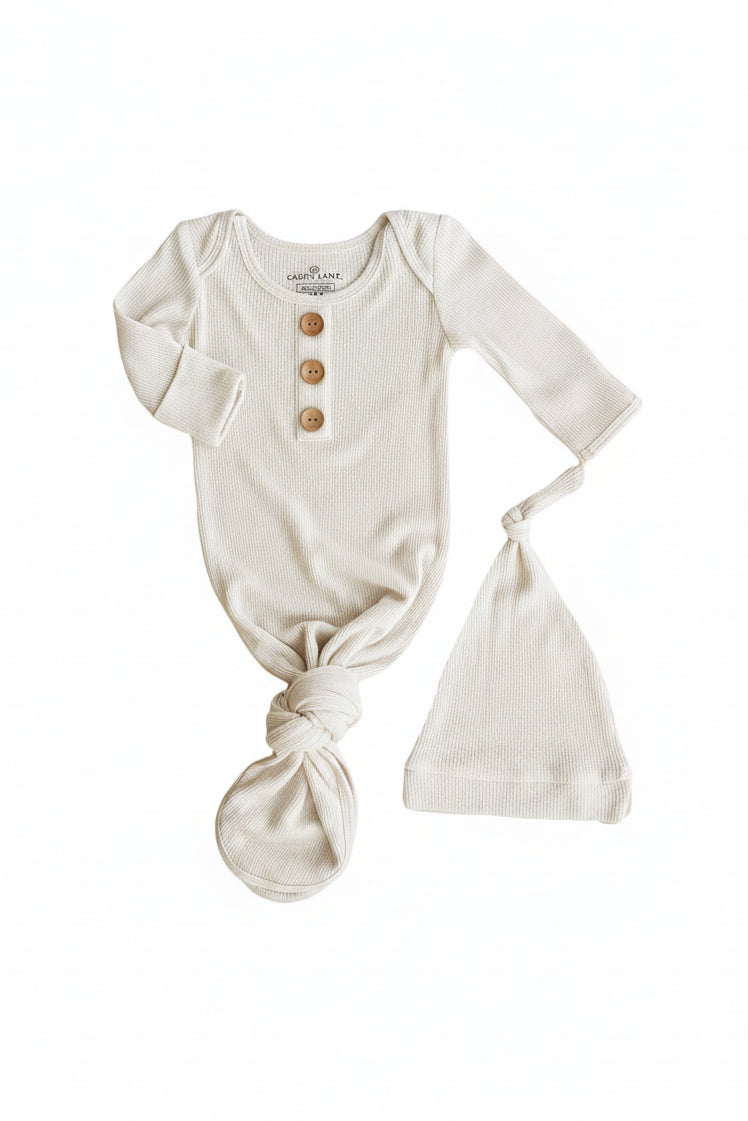 Eggshell Bamboo Waffle Newborn Baby Knot Gown & Hat Set