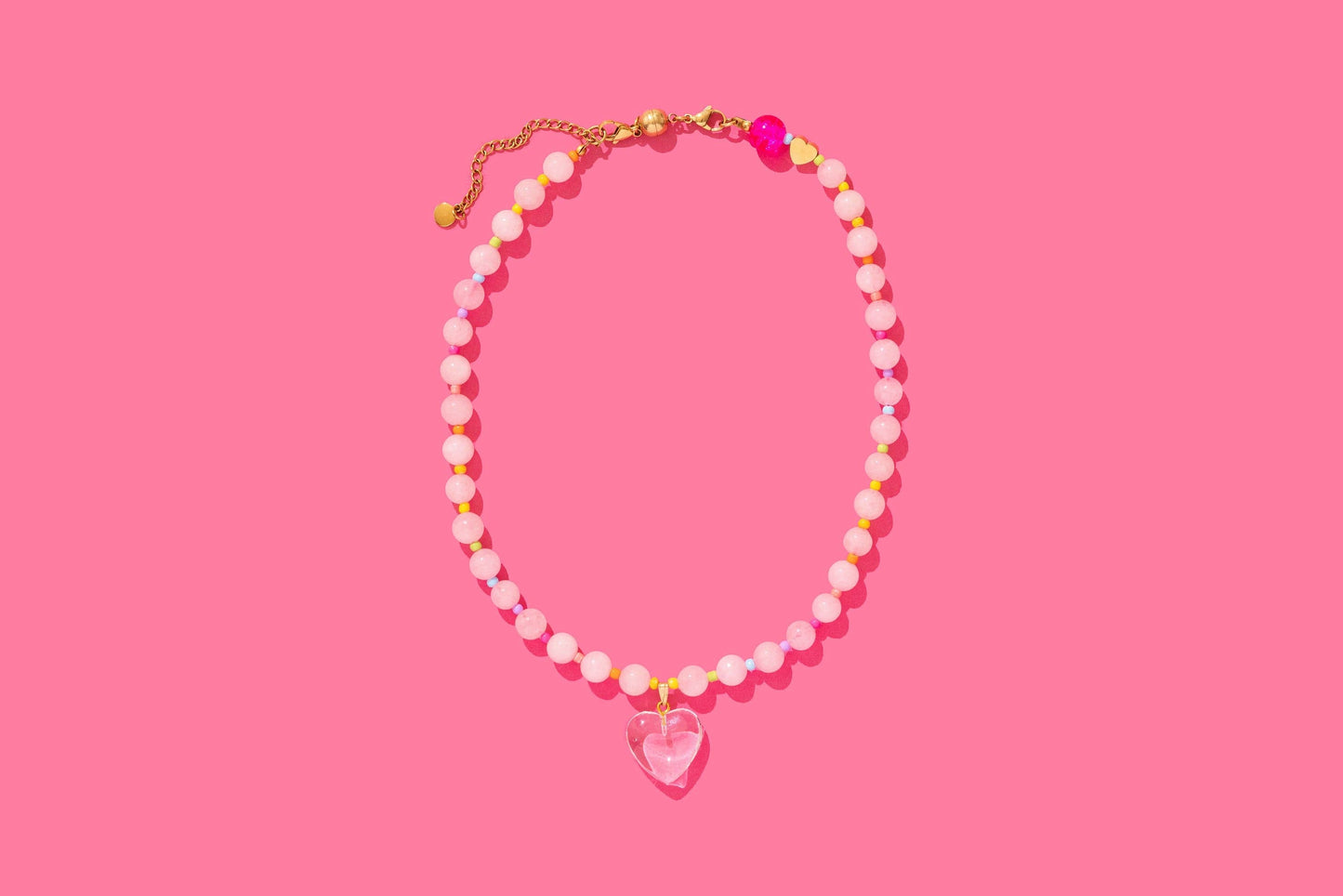 Lottie Beaded Necklace - Pink + Multi-Color w/Dangle Heart