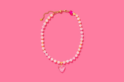 Lottie Beaded Necklace - Pink + Multi-Color w/Dangle Heart