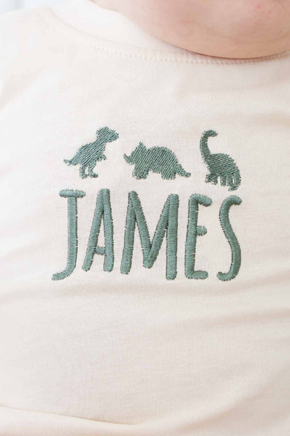 Embroidered Dinosaur Long Sleeve Bubble Romper | Natural