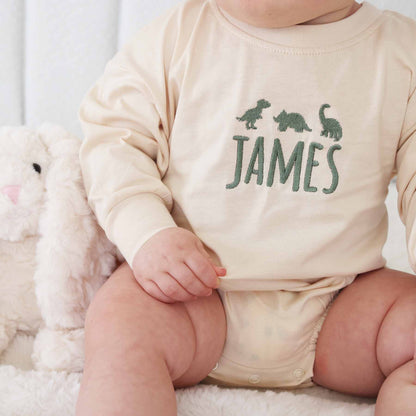 Embroidered Dinosaur Long Sleeve Bubble Romper | Natural